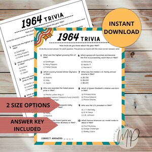 1964 Trivia Game 60th Birthday Born in 1964 Printable Games Adult Birthday Party Activity Back in 1964 Fun Facts Quiz Game Night Reunion