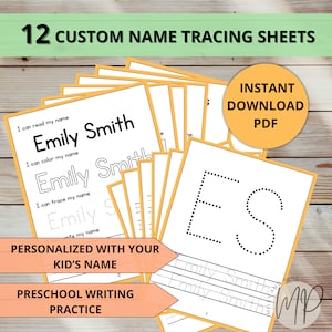 May include: A set of 12 printable name tracing worksheets for preschoolers. The worksheets feature the name "Emily Smith" with dotted lines for tracing. The text "I can read my name", "I can color my name", and "I can trace my name" are included on the worksheets. The text "Personalized with your kid's name" and "Preschool writing practice" are also included. The text "Instant Download PDF" is included in a circle.