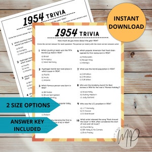 1954 Trivia Spiel 70. Geburtstag geboren 1954 Druckbare Spiele Erwachsene Geburtstagsparty Aktivität Zurück in 1954 Fun Facts Quiz Senior Center Reunion
