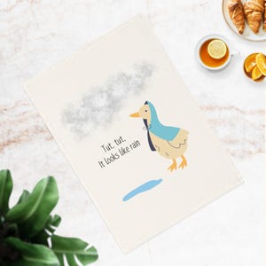 Cotton Tea Towel, Lucky Duck, 100% Cotton Towel with Duck Design, Tut Tut It Looks Like Rain, Duck in Jacket and Puddle, Cottagecore