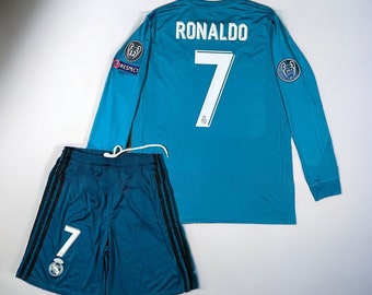 C Ronaldo nr. 7 voetbaluniform, 17-18 Real Madrid, blauwe trui voetbalset, Ronaldo #7 blauwgroen blauwe trui met korte/lange mouwen, tweede weg