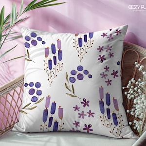 Purple Floral Pillowcase, Watercolor Cushion Cover, Lavender Throw Pillow Cover, Modern Home Decor, Minimalist Flower Print Pillowcase