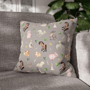 Farm Animals Throw Pillow, Baby Room Farm Decor, Horse Pig Cow Cushion, Barn Nursery Accent, Baby Room Pillowcase, Kids Room Pillow Cover