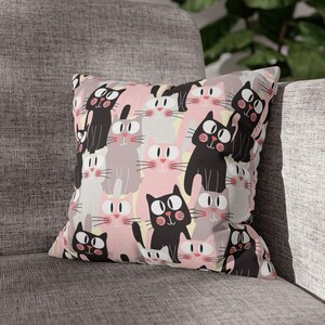 Cute Cat Pillow Cover, Pastel Kitty Cushion, Kawaii Throw Pillowcase, Kids Room Decor, Pink Black Cat Print Pillowcase, Gift for Valentine
