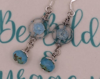 Blue Czech Glass Flower Earrings (Garden Party, Tea Party, Mother's Day) with goldstone finishing