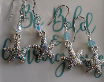 Starfish with rhinestones and Swarovski crystal Earrings, Beach, Mermaid