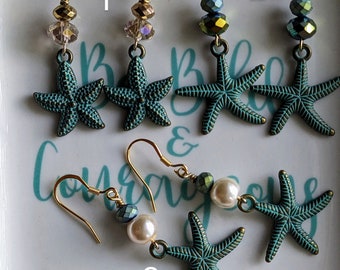 Starfish Earrings (Mermaid, Ocean, Beach) Mermaidcore, glass and faux pearl beads