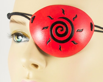 Sun Spiral handmade leather pirate eye patch Halloween masquerade costume black and orange