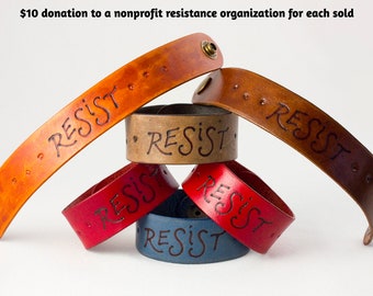 RESIST leather bracelet 1-inch handmade snap cuff with pyrography lettering resistance jewelry