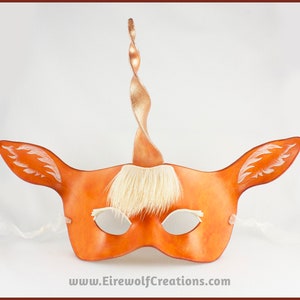 Unicorn mask with real hair handmade leather palomino masquerade costume for Mardi Gras Halloween LARP