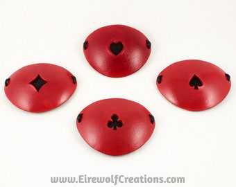 See-through Playing Card Eye Patches, red leather heart, diamond, club, or spade masquerade, magician, Halloween, or pirate cosplay costume