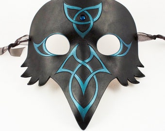 Celtic Raven mask w blue stone & iridescent teal Celtic knots, handmade leather masquerade mask, crow black bird, elegant Halloween costume
