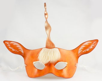 Unicorn mask with real hair handmade leather palomino masquerade costume for Mardi Gras Halloween LARP