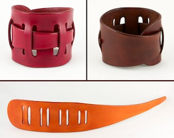 Leather wrist cuff bracelet, unisex, adjustable, 2 inches wide, handmade, red brown or tan