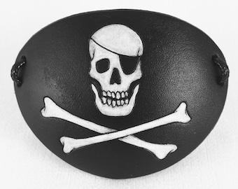 Meta Jolly Roger, skull with an eyepatch and crossbones, leather pirate eye patch for masquerade costume, cosplay, LARP