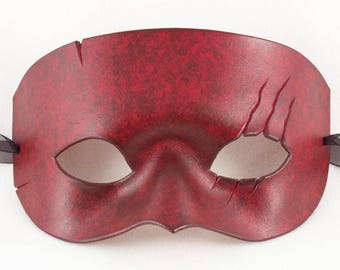 Scarred red leather half-mask handmade Halloween masquerade costume