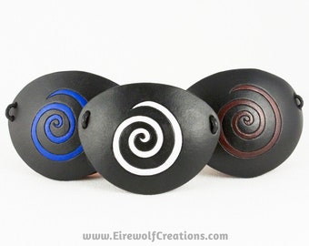 Spiral eye patch handmade leather pirate cosplay masquerade costume in blue white or red on black eyepatch