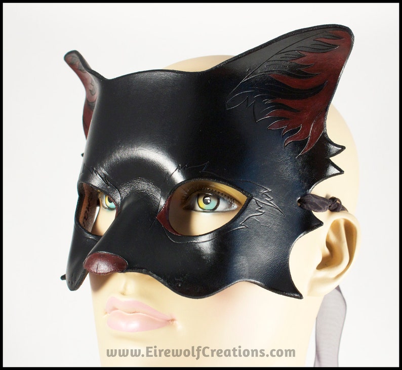 Black Kitty Cat Leather Mask Handmade Halloween Costume Masquerade Larp