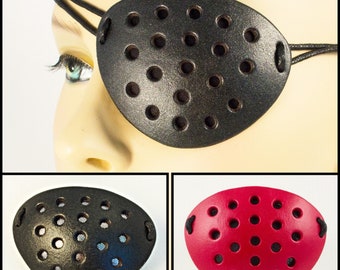 See-Through Perforated handmade leather eye patch with an industrial look for masquerade costume pirate cosplay or larp