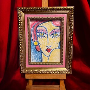 Dreamy Eyes Painting Modigliani-Inspired Woman Portrait: Vintage-Style Framed Pastel Art