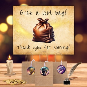 Gracias por venir a mi cartel de fiesta, agarrar una bolsa de botín, favores de fiesta de bricolaje, DnD / D&D, jugadores de fantasía medieval, pantalla PDF imprimible - FA011