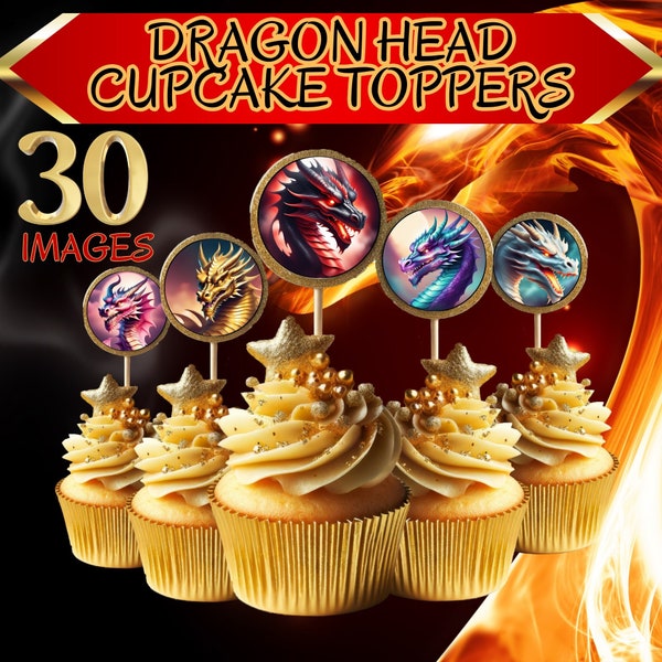 Dragon Head Cupcake Toppers - 30 PNGs, 2 x 2 IN Circles - D&D / DnD, Fantasy Party, Fairy Tale, Movie Night, Birthday, Halloween, Mythology