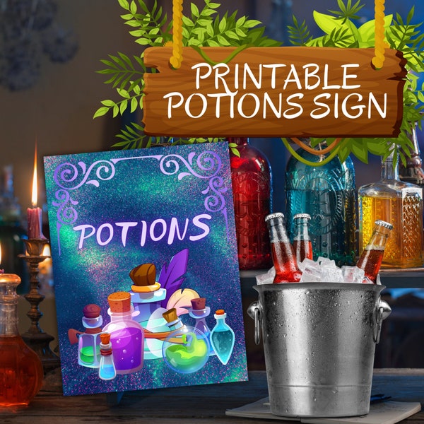 Potions Sign - Print from Home - for DnD D&D Party, Fantasy, Birthday, Halloween, Magical Event, Medicine - Drinks Beverages Decorations