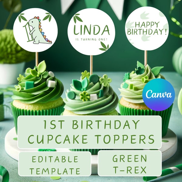 1st Kids Birthday Dinosaur Cupcake Toppers - Editable Template on Canva - 2"x2" - Free to Edit without a Subscription! - Green T-Rex, Baby