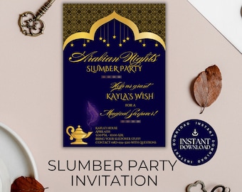 Arabian Nights Slumber Party Invitation: Blue & Gold Canva Template (Digital Download)