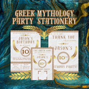 Faire-part d'anniversaire mythologie grecque, carte de remerciement, RSVP avec code QR, modèle Canva modifiable, rouleau de papeterie, dieux et déesses - GRK22