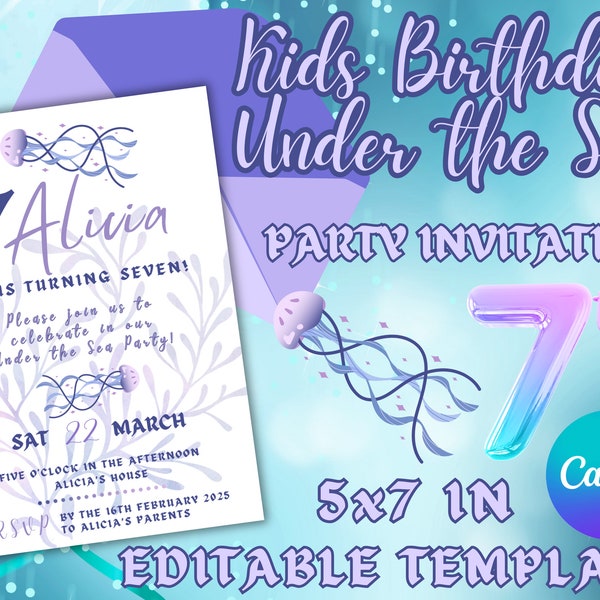 Under the Sea 7th Birthday Party Invitation - Editable Template - Free on Canva - Turning Seven Years Old, Ocean, Mermaid, Pastel, Purple