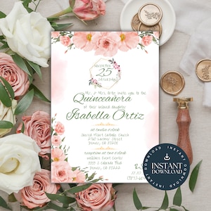 Sage and Pink Quinceanera Invitations, editable Canva template, green leaf, floral gold frame, blush watercolor, teenage birthday - QC032