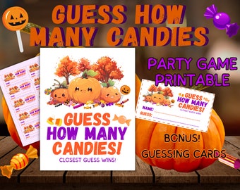 Halloween Party Game Guess How Many Candies - Sign & Guess Cards - Print at Home - 8.5&quot; x 11&quot; (Letter) - Thanksgiving Fall Activity - AUGM37