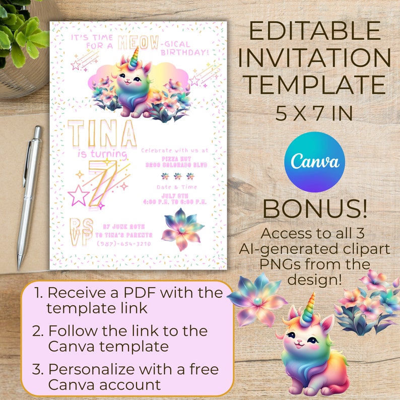 Rainbow Caticorn Birthday Invitation, Unicat Party Theme, Editable ...
