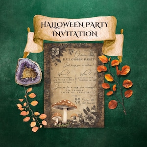 May include: A vintage-style Halloween party invitation with a mushroom illustration. The invitation features a brown background with floral accents and the text "October 31st Halloween Party Just bring you in costume!"  "Where? @volyn's Cottage 474 PUZZLE AVENUE RIDDLA, MT Naou"  "When? 5:00-10:00 P.M. October 31"  "Join us for a cozy, fun evening! NO TRICKS. LOTS OF TREATS! RSVP by (987) -654-2340"