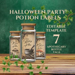 Modello di etichetta per farmacia, Halloween cottagecore scuro, modello Canva modificabile per etichette di pozioni, funghi di fogliame floreale - CHA33