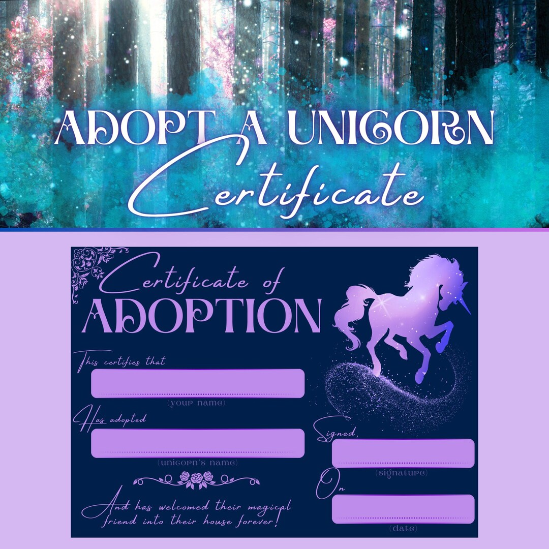 Adopt A Unicorn Certificate, Printable Adoption Paper for Fantasy Theme ...