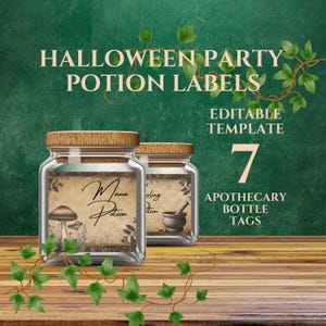 Modello di etichetta per farmacia, Halloween cottagecore scuro, modello Canva modificabile per etichette di pozioni, funghi di fogliame floreale - CHA33