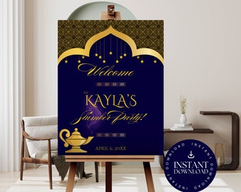 May include: A printable sign for a slumber party with a blue background and gold accents. The sign features a genie lamp, stars, and the text "Welcome to Kayla's Slumber Party!" with the date "April 6, 20XX".