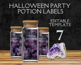 Apothecary Label Template, dark Gothic forest Halloween, editable Canva template for brew potion tags, purple silver raven crystal - PUR37