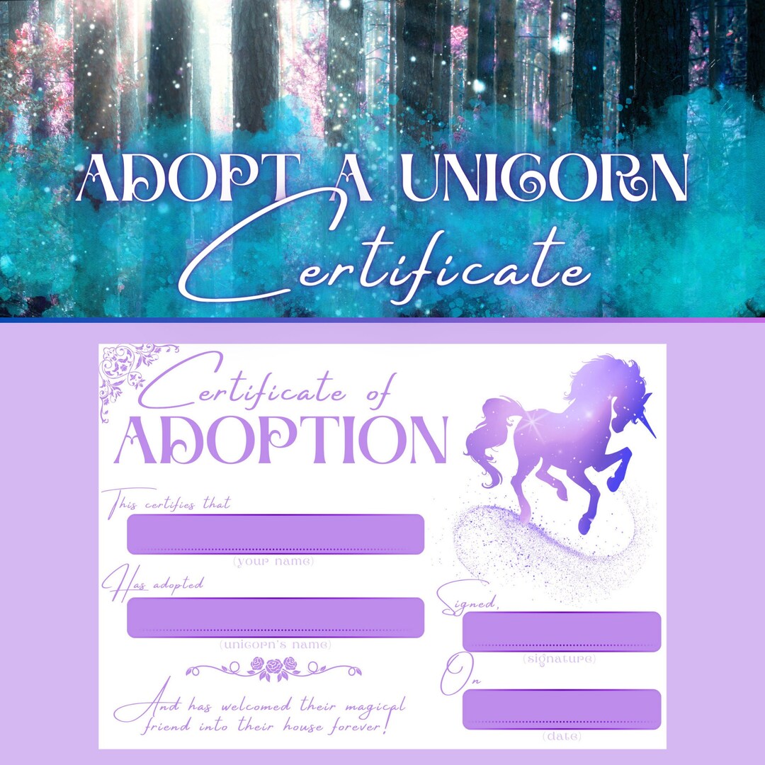 Adopt A Unicorn Certificate, Printable Adoption Paper for Fantasy Theme ...