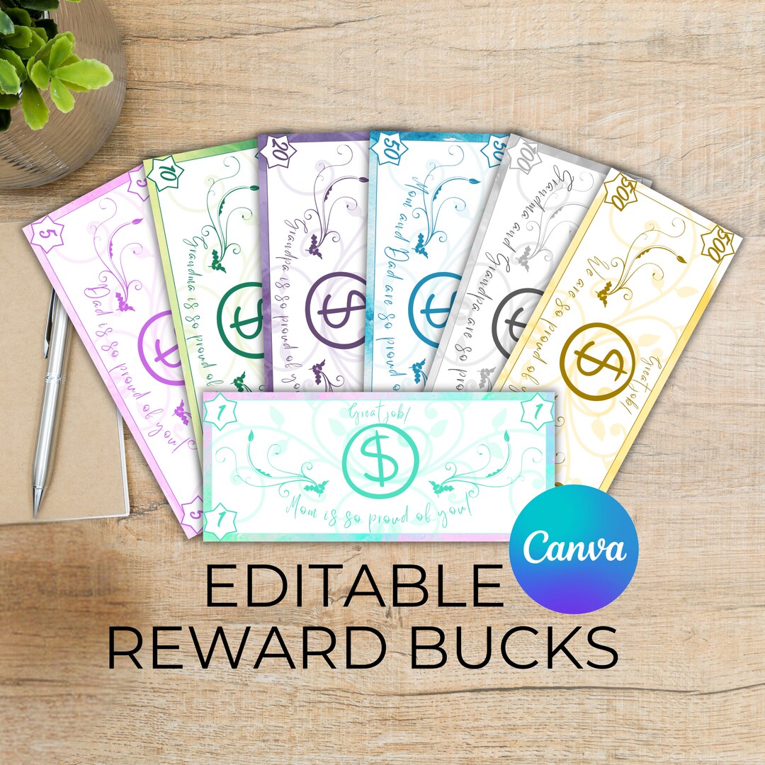 Editable Kids Reward Bucks, Printable Chore Cash, Play Pretend Prize ...