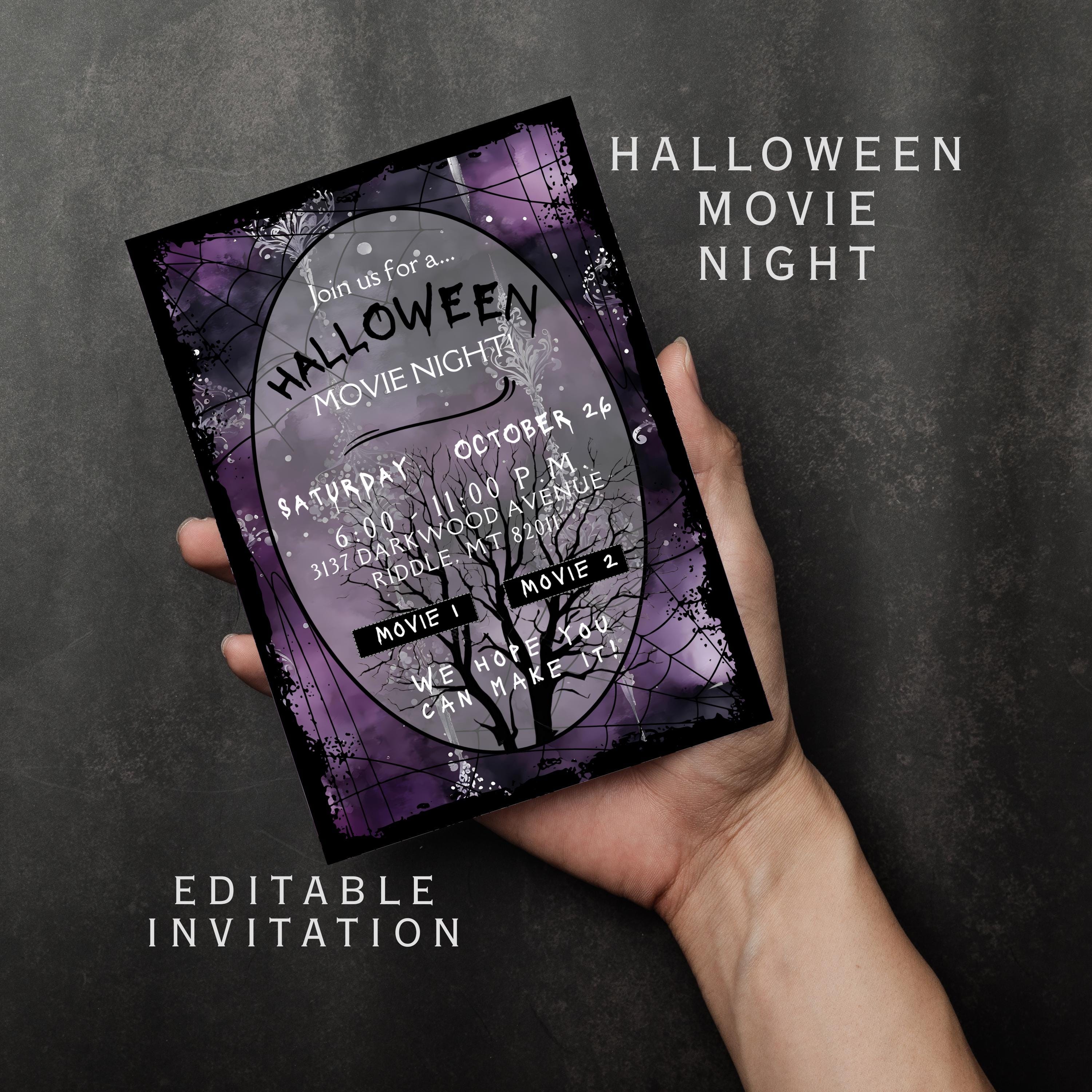 Halloween Movie Night Invitation, editable Canva template, dark purple and silver, tree silhouette, black spiderwebs, vintage screen - PUR37
