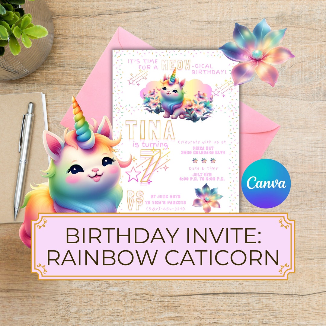 Rainbow Caticorn Birthday Invitation, Unicat Party Theme, Editable ...