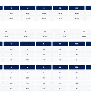 May include: A size chart with blue headers and white text. The chart includes measurements for chest, length, and sleeve length in inches and centimeters. It also provides international size conversions for various countries.