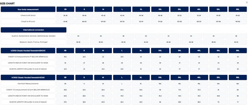 May include: A size chart with blue headers and white text. The chart includes measurements for chest, length, and sleeve length in inches and centimeters. It also provides international size conversions for various countries.