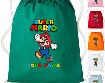 Personalized Super Mario Drawstring Bag 100% Cotton Rucksack Swimming Gym Kid School PE Kit Custom Name Children's Sport Shoe Outdoor Bag