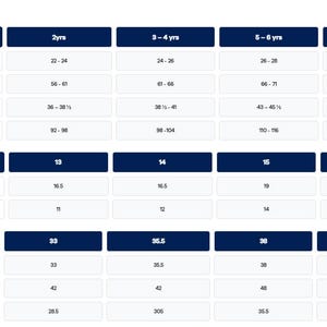 May include: A size chart with measurements in inches and centimeters. The chart is divided into columns for different age groups, with rows detailing chest, height, and garment measurements such as length and sleeve length.