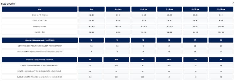 May include: A size chart with measurements in inches and centimeters. The chart is divided into columns for different age groups, with rows detailing chest, height, and garment measurements such as length and sleeve length.