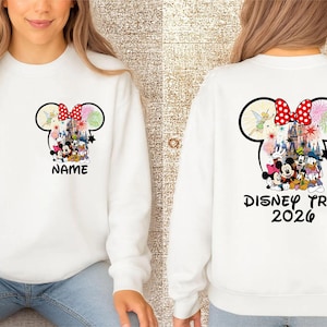 Suéter familiar personalizado Disney Trip 2026, vacaciones familiares en grupo, suéter con nombre personalizado en la parte delantera y trasera, suéter unisex para niños.